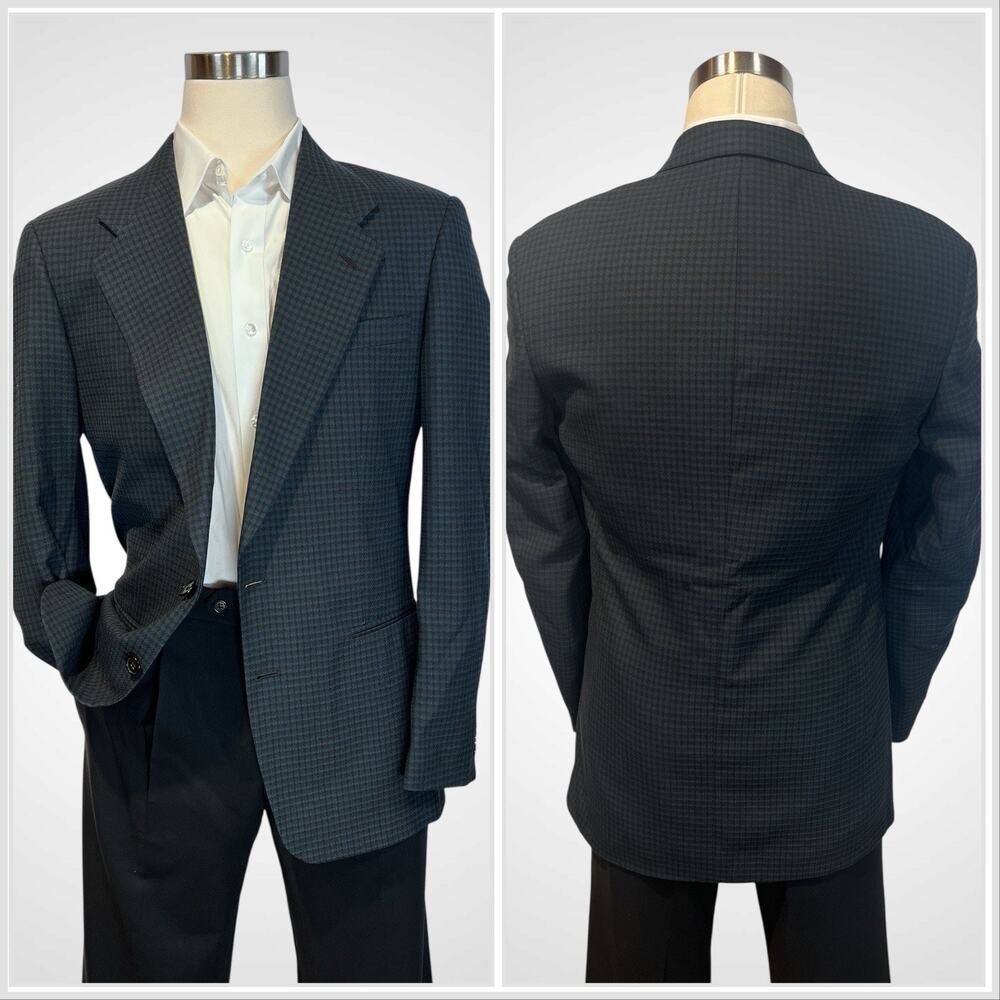 Vtg Givenchy 42L Starlight Blue Cigar Brown Check Plaid Designer Blazer - Picture 2 of 15